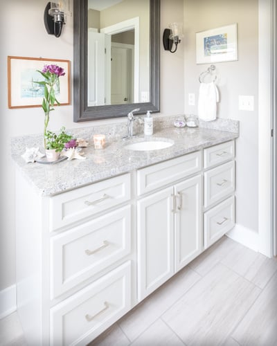 Guest Bathroom with Single Sink Vanity and Grey Marble Counter Top | Sunwood Home Builders & Remodelers Guest Bathroom with Single Sink Vanity and Grey Marble Counter Top | Sunwood Home Builders & Remodelers